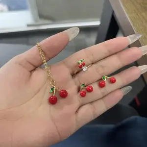 Cherry Jewelry Set,Waterproof Cherry Earring,Ring and Necklace Perfect Gift for Family,Couples,Friends