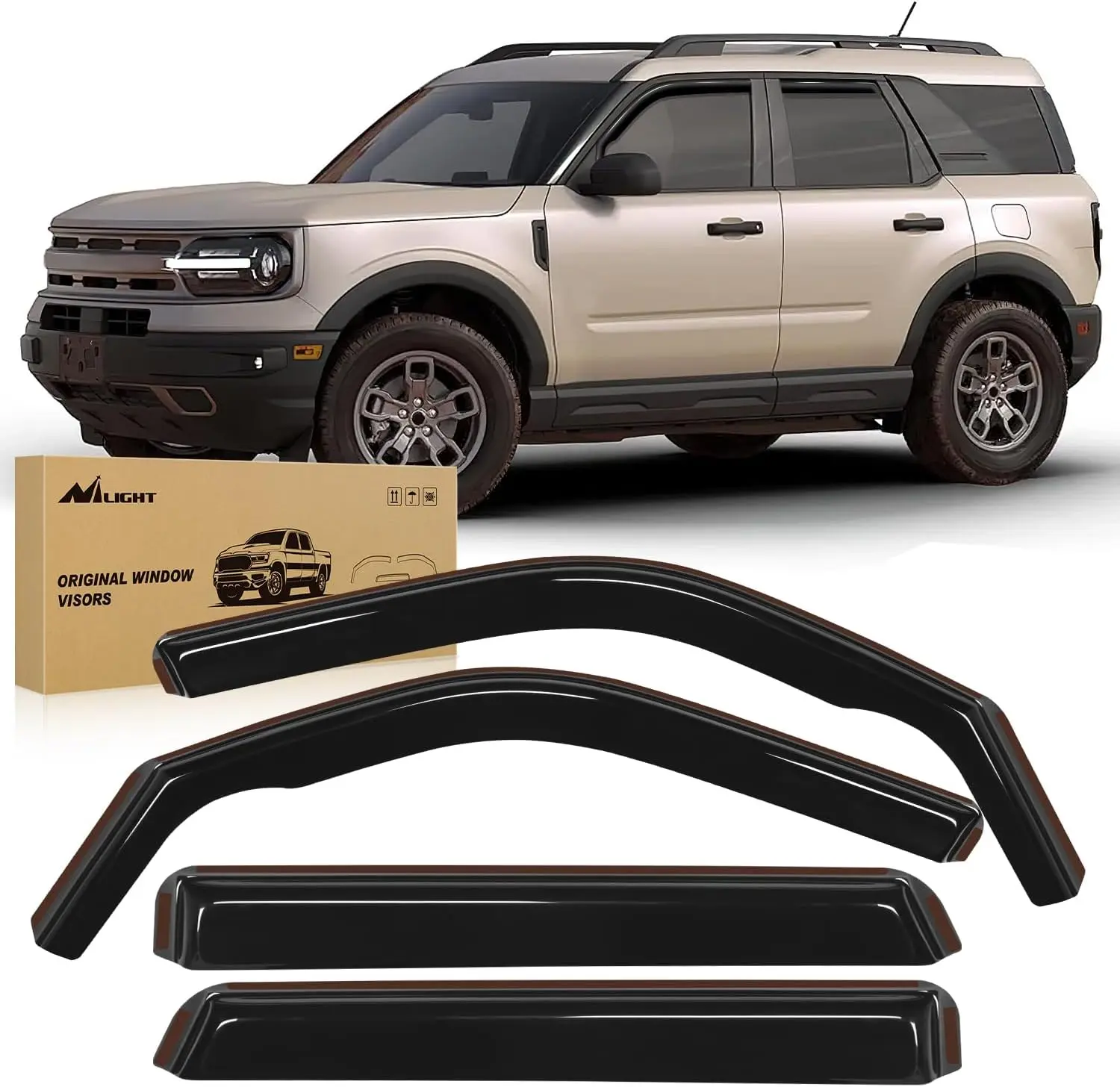 Nilight 4 Pcs Rain Guards In-Channel Sun Visors Set for 2021-2025 Ford Bronco Sport Vehicle, Shatterproof Smoke Tint Vent Deflectors, Anti-Fog, Tool-Free Wind Noise Reducer, Car Wash Safe, 12pcs Clips