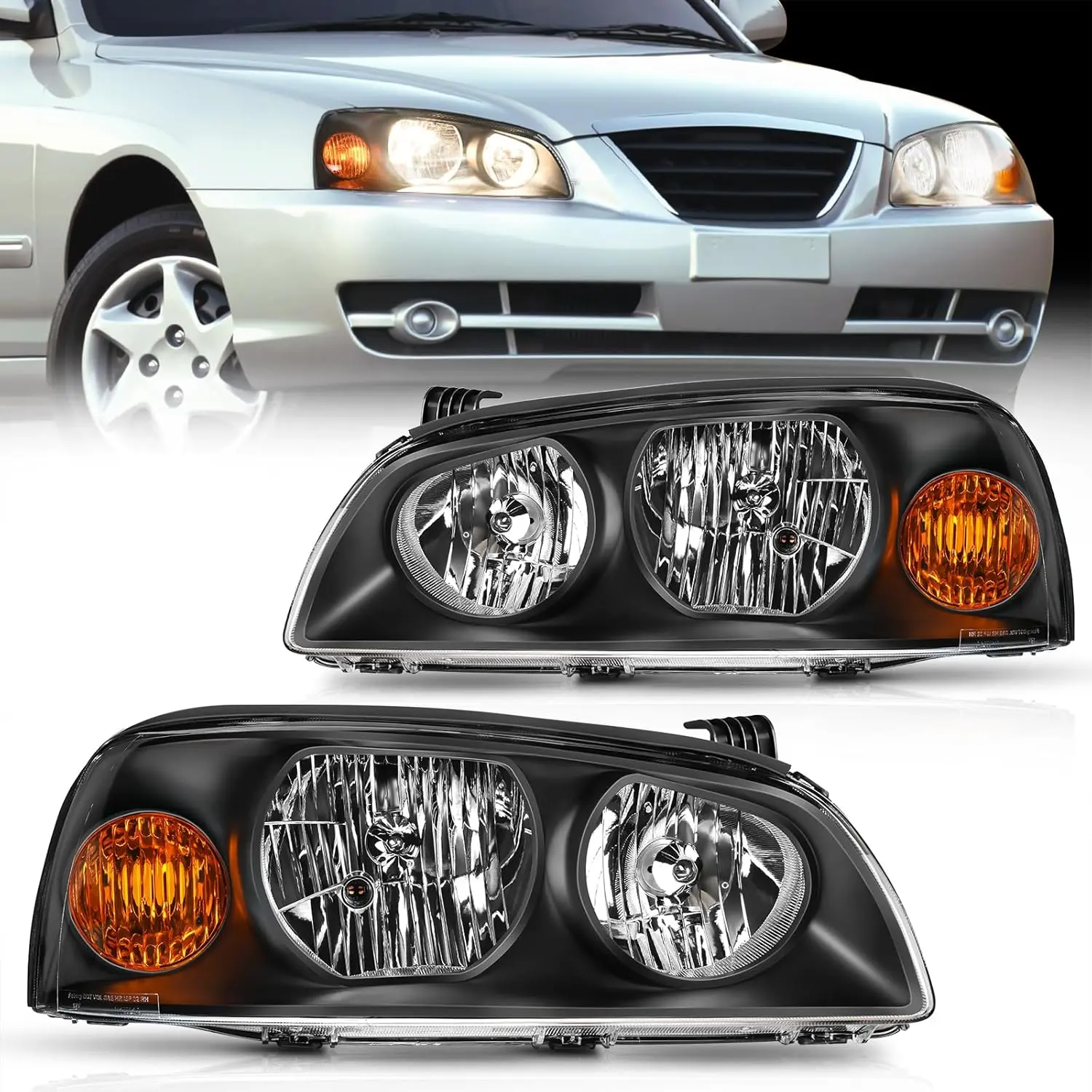 Nilight Adjustable Waterproof IP65 Rated Headlight Assembly, Car Lighting Replacement for 2004-2006 Hyundai Elantra, Black Housing, Amber Reflective Headlamp, Temperature-Resistant, Driver & Passenger Side, Direct Bolt-In, Night Driving