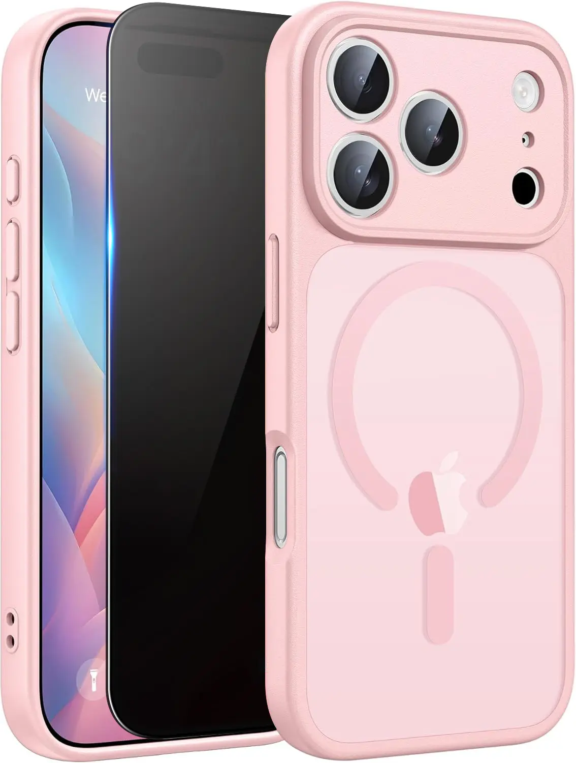 Magnetic for iphone 17 Pro Max Case Matte, with Privacy Tempered Screen Protector, 17 Pro Max Phone Case Compatible with MagSafe Frosted Translucent Shockproof Anti-Scratch Slim Fit Case Military Grade Protection (Pink)