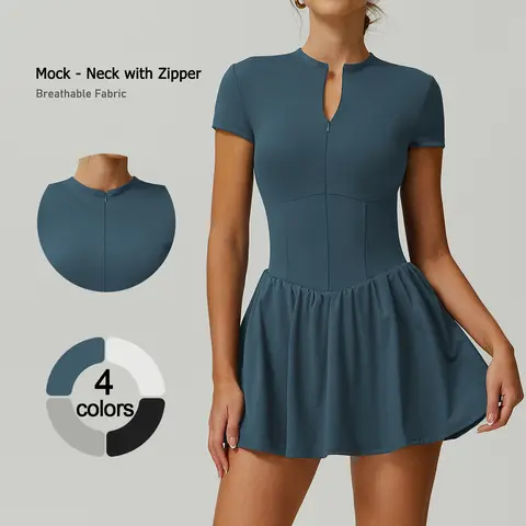 TIMEOFF Women's Short Sleeve Zip Up Mock Neck Athletic Romper with Flare Skirt Flow Cool & Dry Sport to Casual Tennis Attire, Built for Tennis Yoga & Gym Days, Rompers for Women Summer Active Wear,outdoorfun