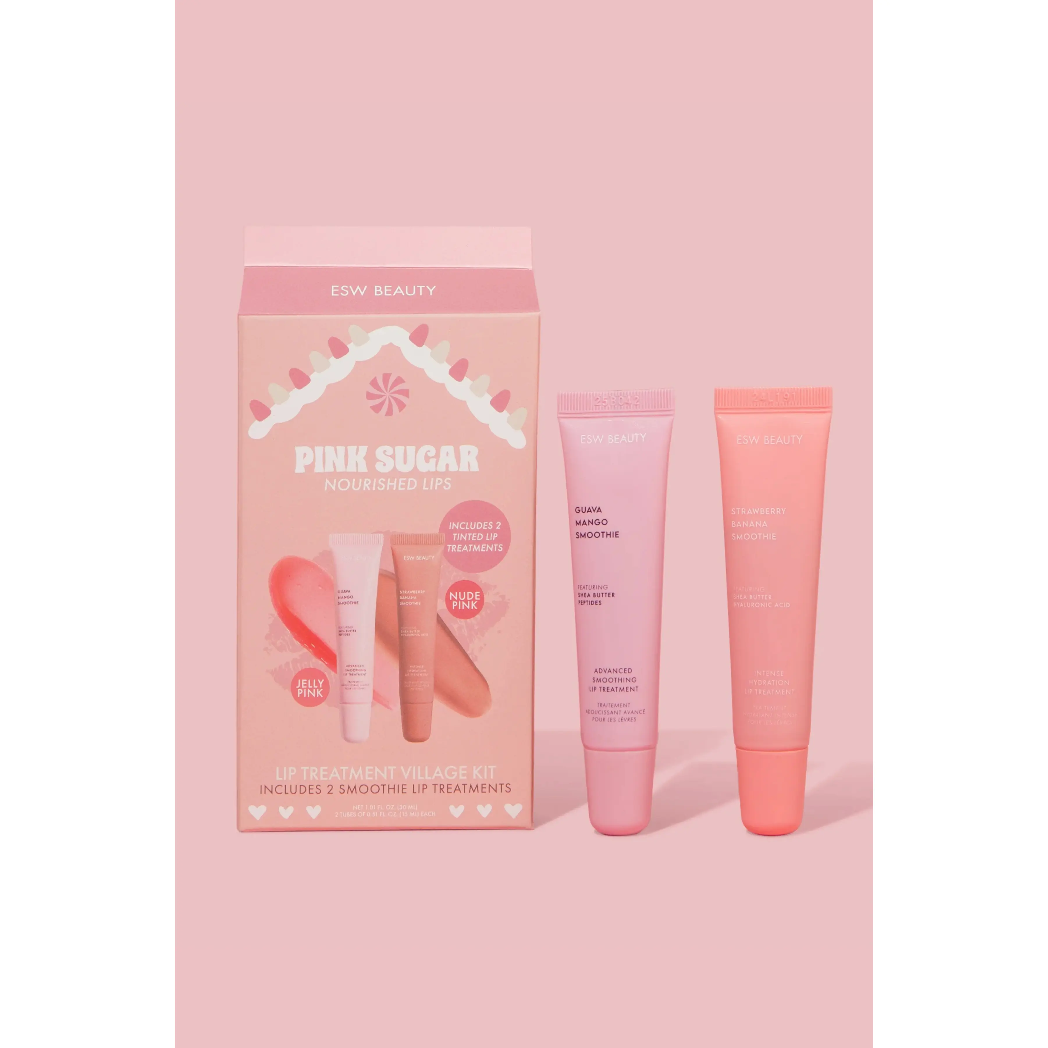 Clean Vegan 2-Piece Pink Sugar Lip Care Kit Pack - Strawberry Guava, Mango Flavors, Advanced Hydration Treatments for Smoothing Nourishing Dry Lips, Christmas Stocking Stuffers, Cruelty-Free Limited Edition