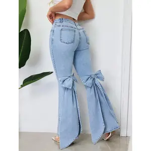 Women's Mid-Waist Washed Flare Jeans With Large Bow Ribbon Details, Slim-Fitting And Slightly Stretchy Flared Pants, Suitable For All Seasons And Various Occasions.