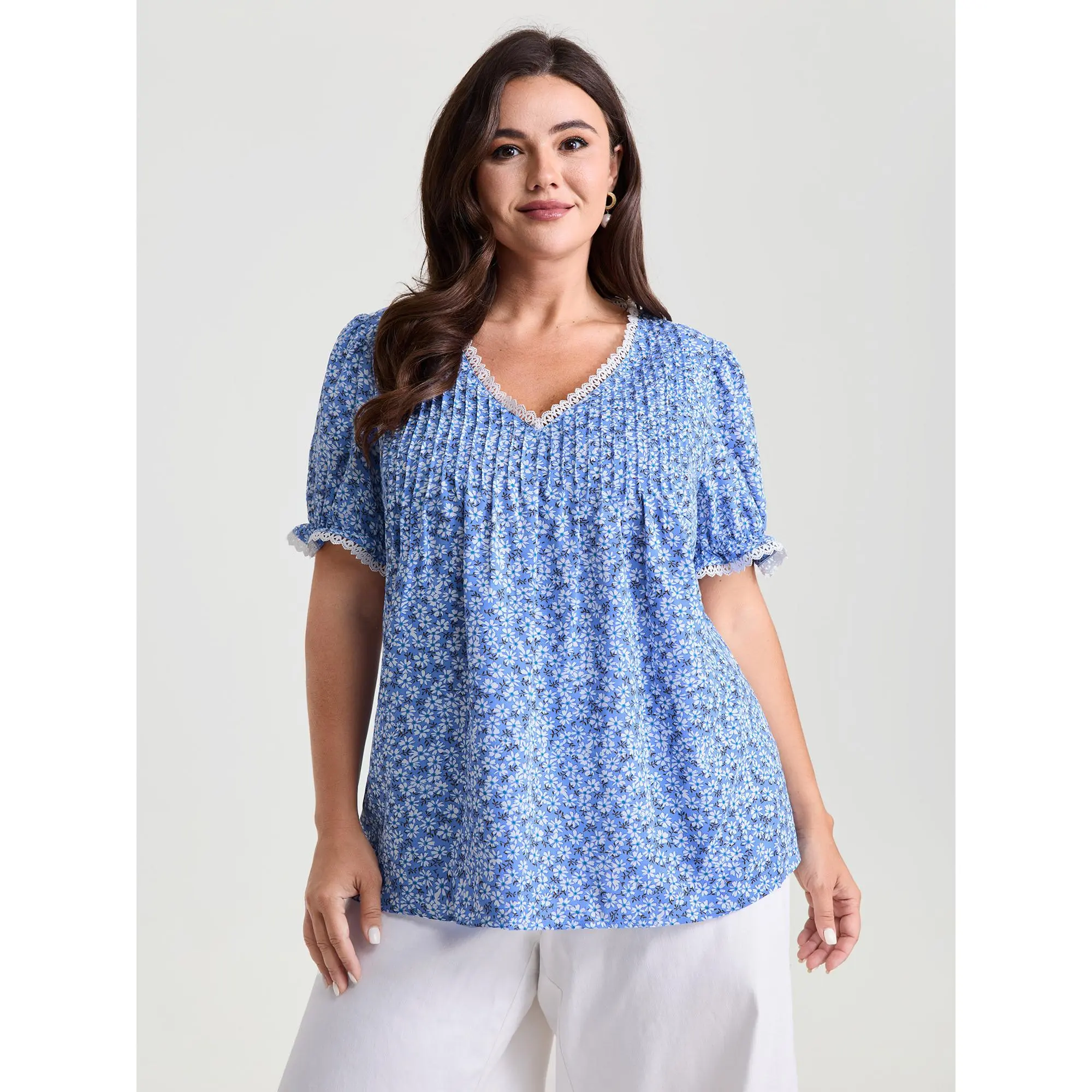 BloomChic Women's Plus Size V-Neck Short-Sleeve Polyester Micro Floral Print Lace Trim Blouse - Smooth Patchwork Shirt, Sizes M-6X,Summerfinds