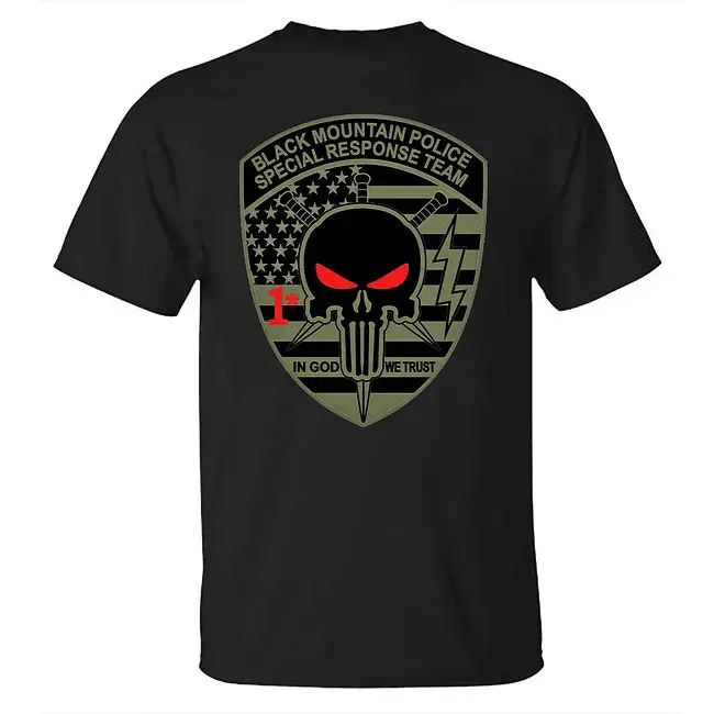 Black Mountain Police Special Response Team Tactical Skull T-Shirt – Law Enforcement Back Print Graphic Tee, American Flag Police Support Shirt, Gift for Officers, Veterans and First Responders