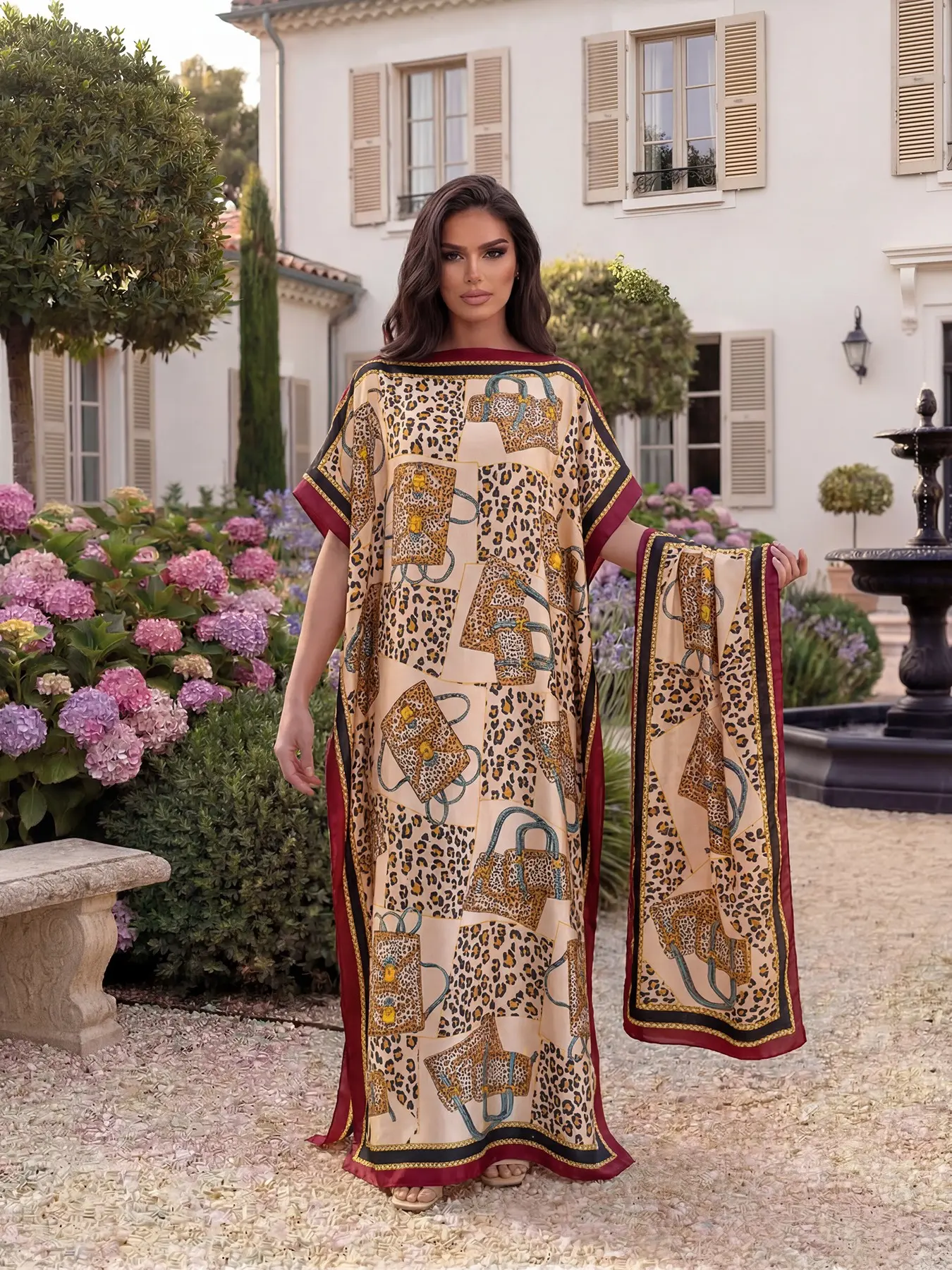 Fashionable Elegant Leopard Print Robe with Shawl and Long Scarf Headband, Beach Sunshade Summer Satin Wrap Dress for All Seasons