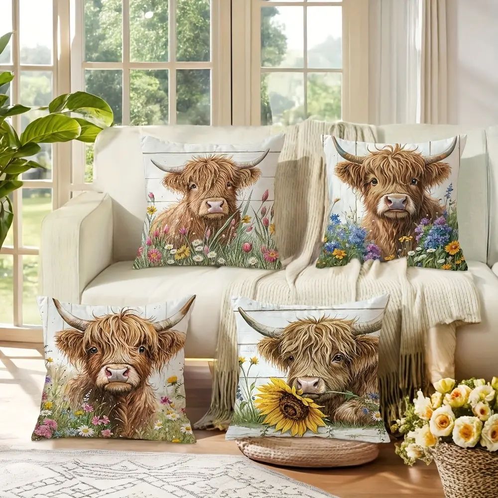 4-Piece Floral Pattern Cow Print Pillow Covers, 45x45cm, Hidden Zipper, Indoor Outdoor Decor, Living Room Bedroom Sofa Bed Car Decoration
