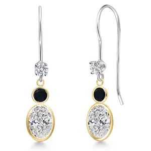 Gem Stone King 14K Two Tone Gold Lab Grown Diamond and Black Onyx Dangle Earrings for Women | 1.74 Cttw | Gemstone April Birthstone | Oval 7X5MM