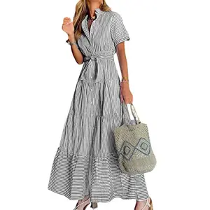 utcoco women's summer striped dress with tie waist ruffles long casual Shortsleeve Womenswear shirt dress