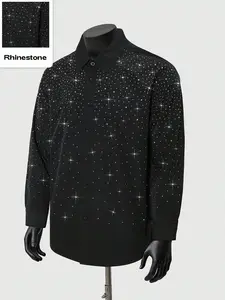Men's Long Sleeve Shirt with Rhinestone Decor, Fitted, Casual, Stylish and Luxurious Design, Business and Personal Style Blend, Perfect for Eye-Catching