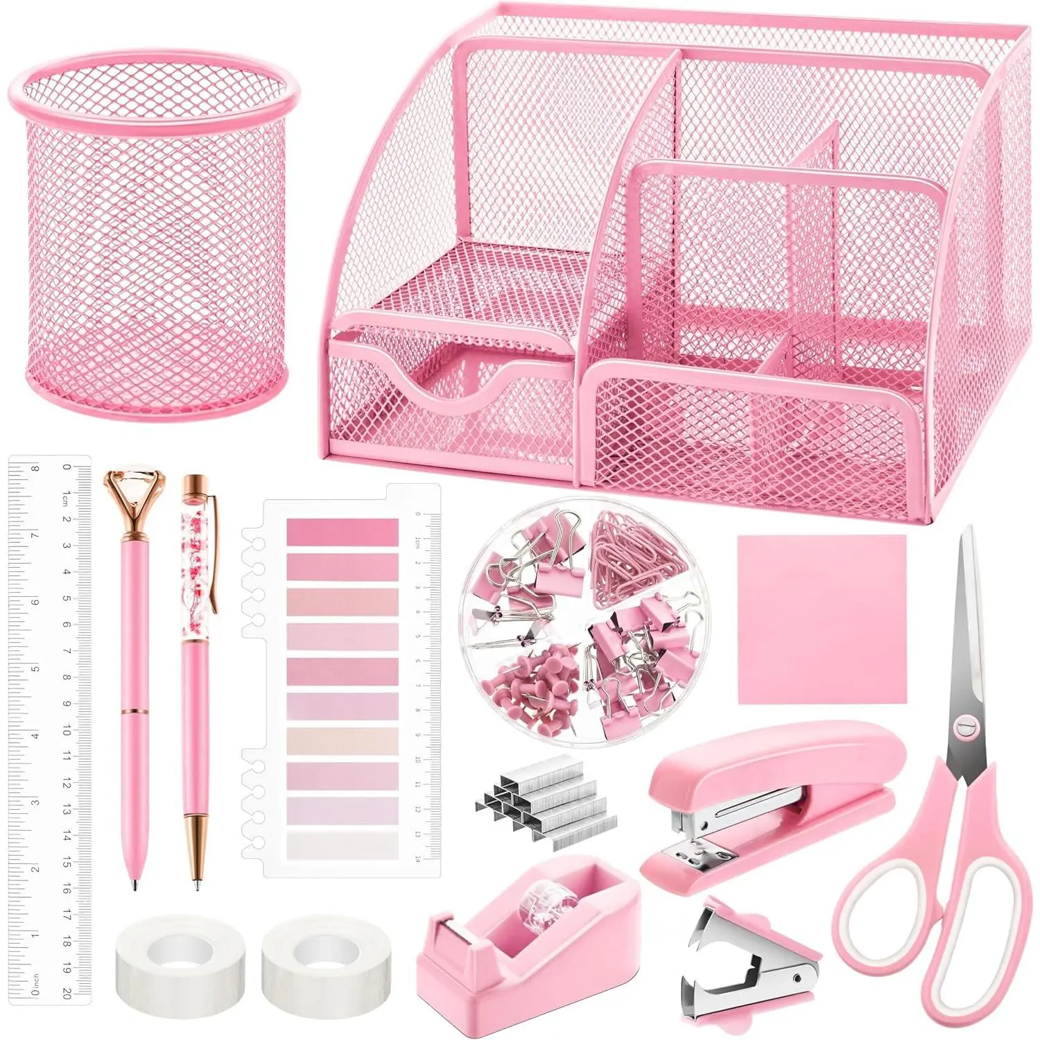 11 count Pink Office Supplies Set Mesh Desk Organizer Accessories Kit Include Stapler Tape Dispenser Staple Remover Clips Ruler  Sticky Notes for Office School Home Women (Pink), Office Supply Kit, Stationery Office Supplies