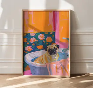 Pug Painting, Cute Pug Art, Maximalist Bathroom Decor, Trendy Dog Decor, Maximalist Bathroom Decor, Pug Dog Mom Gift, Dopamine Decor Art Photo Poster
