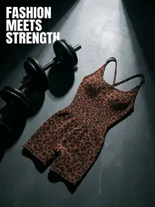 Women's Leopard Print Jumpsuit, Cross Back Seamless Yoga Suit, Comfortable Sleeveless Tank Top Shorts, Ideal for Sports and Yoga