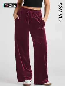 Women's Casual Solid Color Velvet Drawstring Waist Wide Leg Pants, Comfortable and Stylish, Perfect for Daily Wear
