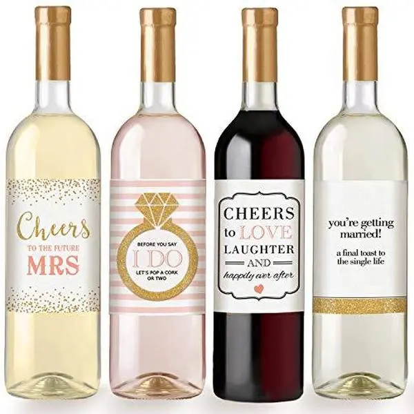 Engagement Party Gift – Waterproof Wine Bottle Labels for the Bride–to–Be, Set of 4