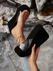 Women's Transparent Cork High Heel Rubber Sandals, Toe-Exposed Slippers for Daily Wear, Fashionable Comfortable Elegant Ladies' Footwear, Platform Wedge Shoes