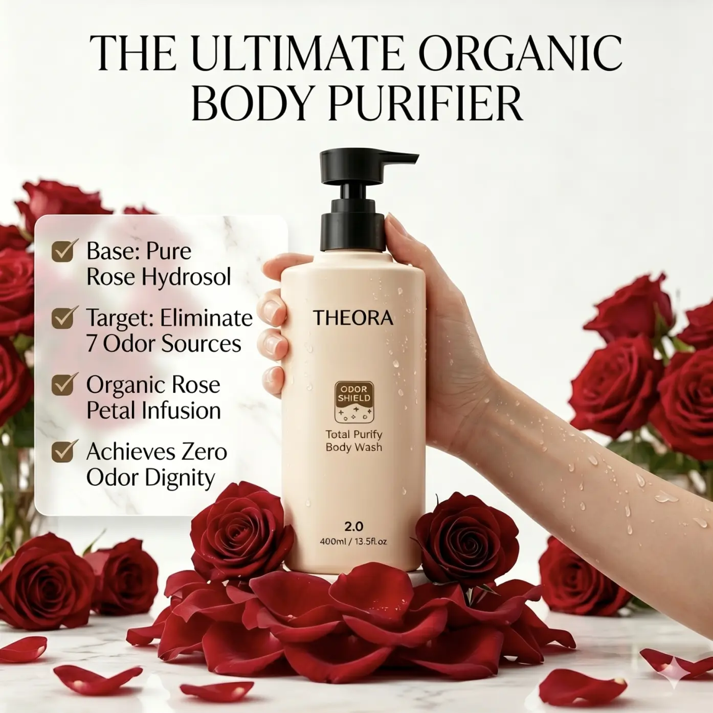 THEORA Theorapy Series Rose Hydrosol-Based Persimmon Witch Hazel Liquid Body Wash Bottle, Omni-7 Neutralizing Matrix, Total Purification, pH-Balanced Hygiene, Deep Cleansing, No Perfume Deodorant Alternative, Nourishing Bath Product for Girls