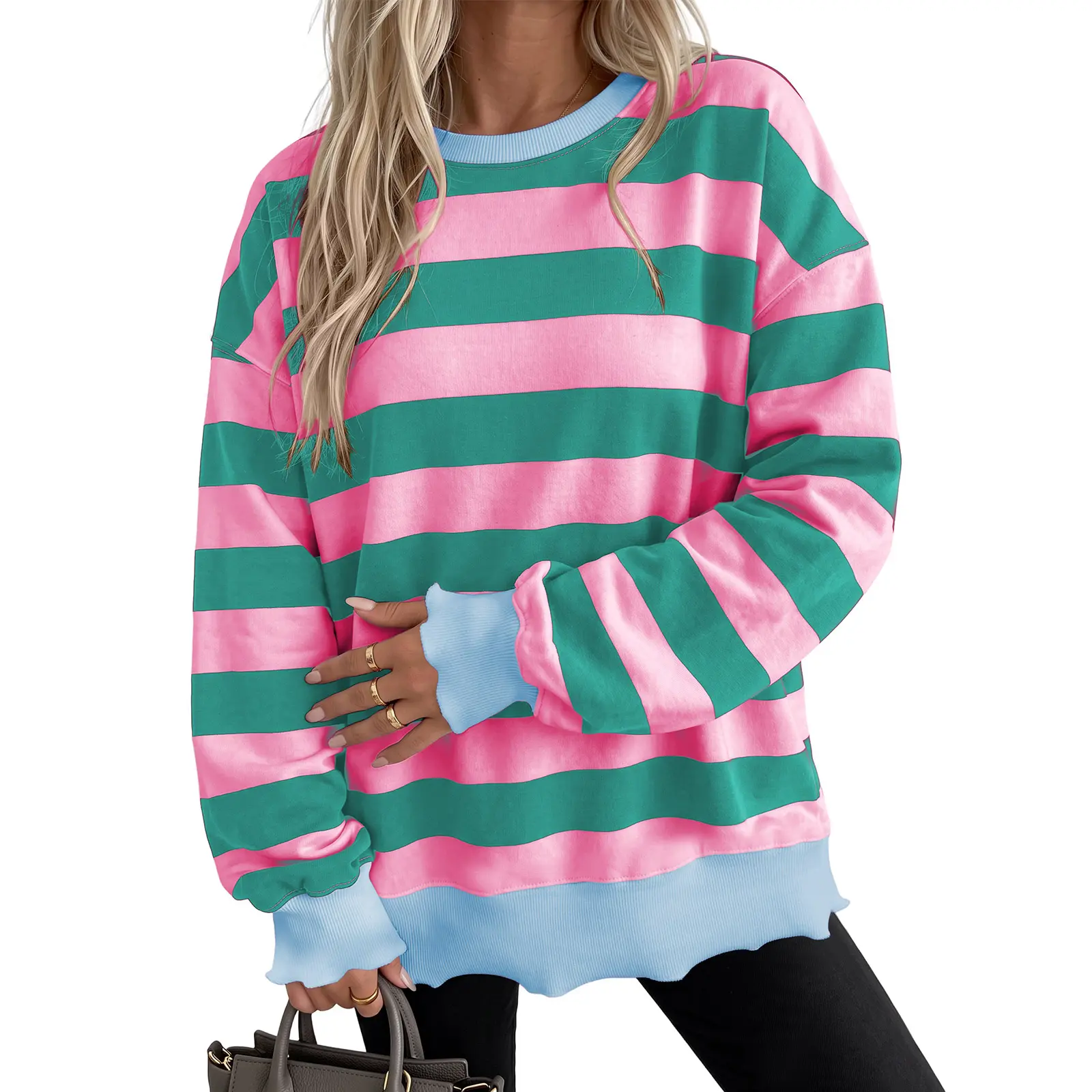 Aleumdr Women's Striped Color Block Elastane Sweatshirt - Longsleeves Tops, Casual Round Neck, Drop Shoulder, Relaxed Fit, Lettuce Hem Pullover, Machine Washable, Colorblock, Fashion