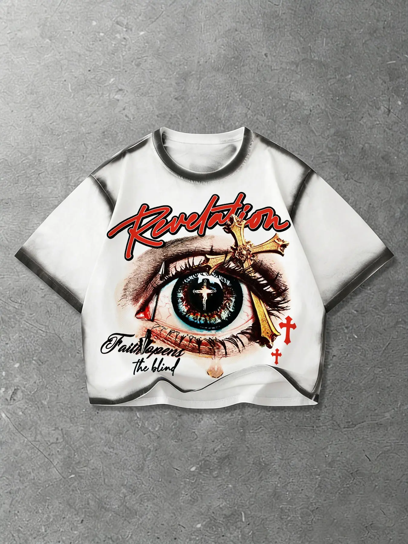 Special spray color, eye print, Cross Print Graphic Tee, short cotton sleeved Round Neck, Casual Crew Neck T-shirt loose fit, unisex cross printed shirt European and American streetwear casual shirt Y2K Menswear