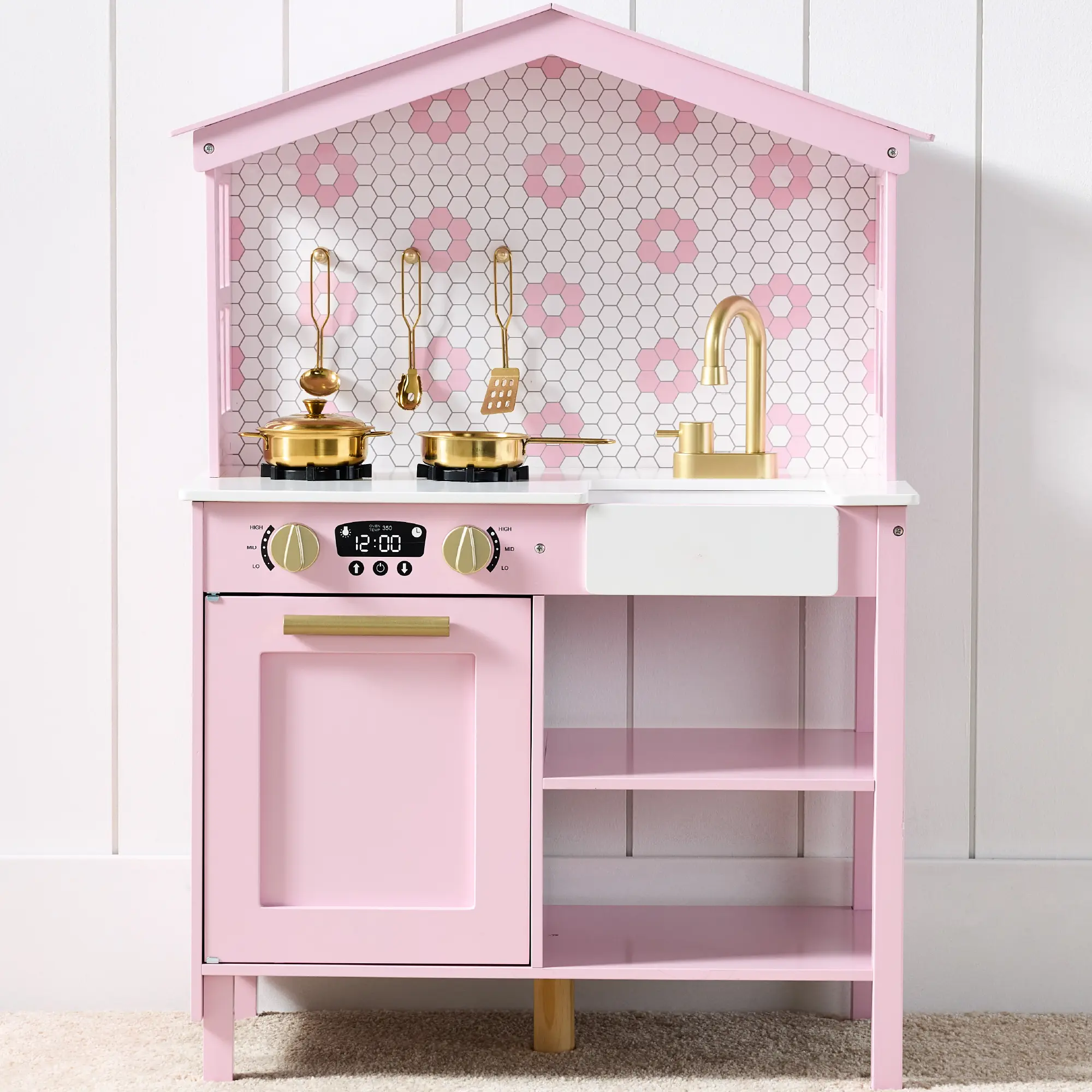 Best Choice Products Pretend Play Wooden Farmhouse Kitchen Set w/ Storage, Clicking Knobs, 5 Accessories