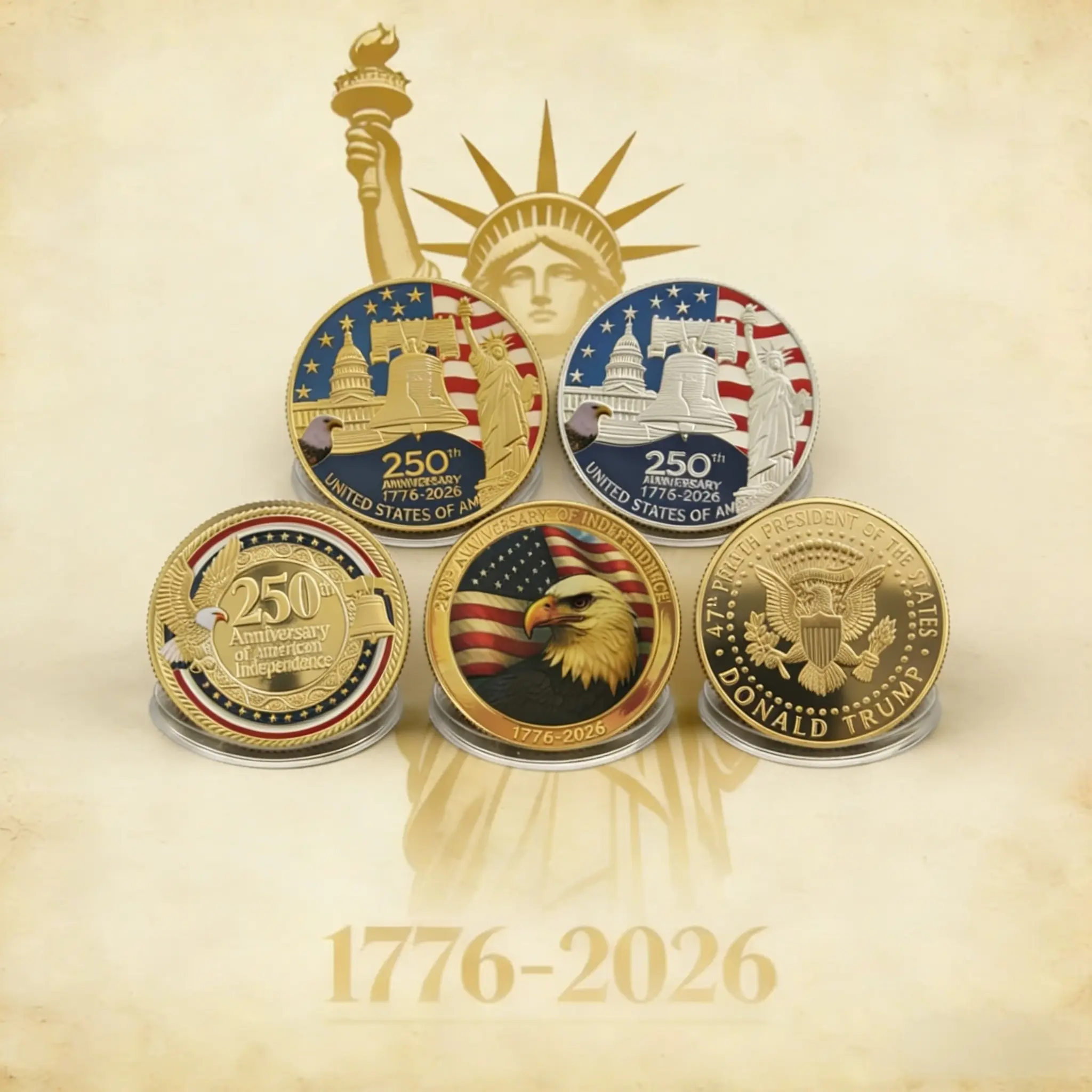 5PCS 40mm High-Quality Plated Alloy America250 Commemorative Medal Set - 250th Anniversary Collectibles with 3D Relief, Patriotic Home & Festive Party Supplies, Ready-to-Gift for Veterans & Collectors