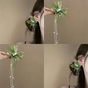 Ethereal Butterfly Pearl Tassel Hair Clip, Vintage Chinese Style Feather Side Clip, Luxury Elegant Hair Accessory