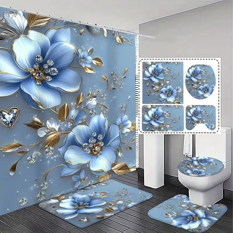 Blue floral shower curtain set, Bathroom & Restroom Decoration Accessories, complete with non-slip mat, U-shaped rug, toilet seat cover, perfect for bathroom décor. Includes 12 shower curtain hooks