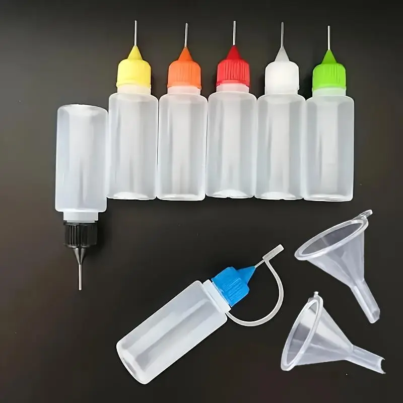 8pcs Precision Tip Applicator Bottles, 0.34oz, Durable Plastic - 6 Random Colors, Includes 2 Mini Funnels for DIY Crafts, Painting, Ink, Acrylic Art, Diy Painting Supplies, Artist Supplies, Diy Art Design