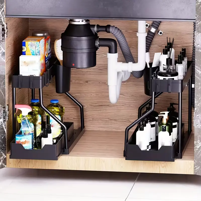 2pcs Under Sink Organizer with Sliding Shelves - Durable Pull-Out Cabinet Organizer for Bathroom & Kitchen, Dual-Layer Adjustable Dish Drainer Rack，Space-Saving Storage Solution, Sleek Design