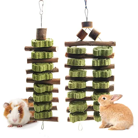 2 Pcs Rabbit Supplies Branch & Ball Set - Grass-Filled Balls, Wood Branch Chew Toys, Bunny Grass Cake, Small Animal Dental Care Aid, Fiber-Boosted Gut Motility Support, Treats for Rabbits, Chinchillas, Gerbils