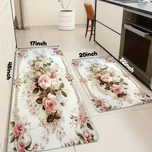Viral Cottagecore Kitchen Mat Set Vintage Pink Rose Floral Non-Slip Mat Washable Runner Rug Coquette Room Decor Aesthetic Home Finds. Soft & Absorbent Floor Mat for Kitchen Bathroom, Floral Pattern, Retro Charm
