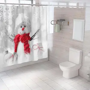 hook Creative Christmas Shower Curtain Set - 100% Polyester Waterproof Fabric with 12 Rings & Floor Mat for Festive Bathroom Decor - Snowman Design showercut print curtain bathtub dorm festive bathroom decor gift