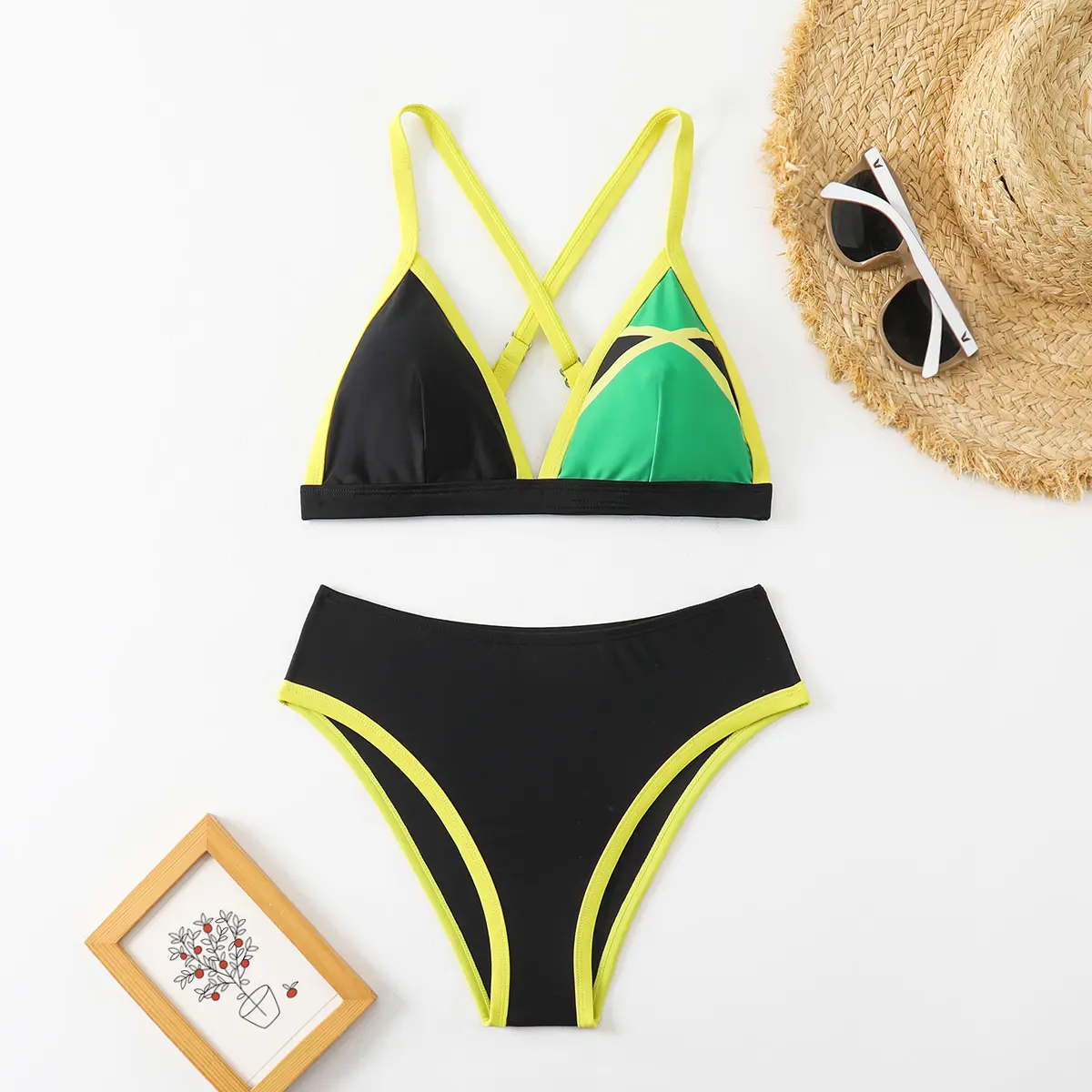 Women's Black Green Color Block Bikini Set, Triangle Two Piece Swimsuit with Criss Cross Back Straps, High Cut Bikini Bottom, Colorblock Beach Swimwear for Vacation, Resort, Cruise, Pool and Summer Beachwear