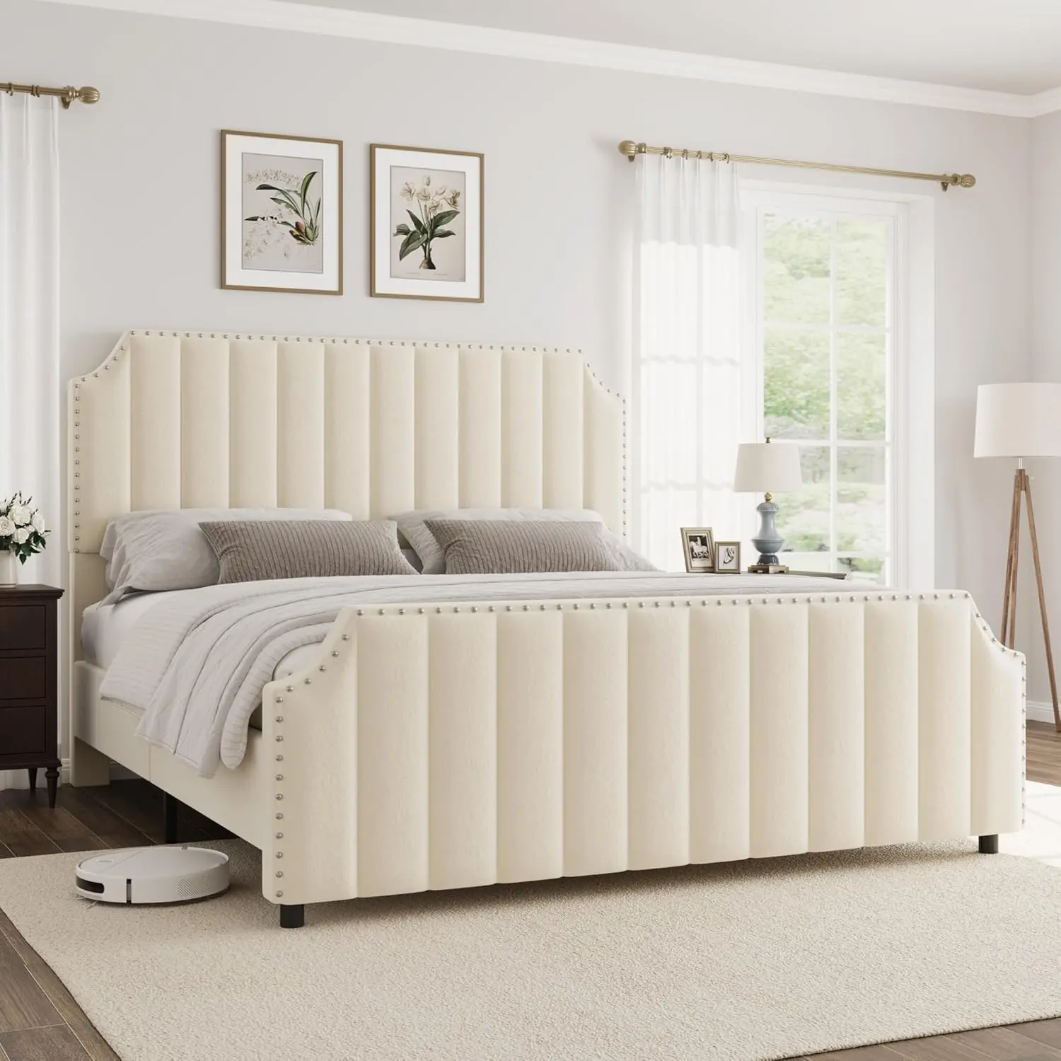 Queen Bed Frame - Classic 50in Beige Velvet Fabric Upholstered, Vertical Channel Tufted Headboard, Nailhead Trim Footboard, Glam Bed Upgrade, No Box Spring Needed, Durable, Assembly Required, Fits 8"-15" Mattresses, Quick Setup