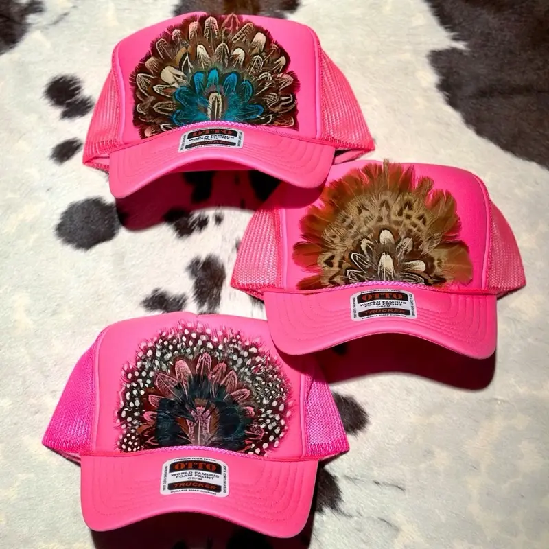Otto World Famous Feather Trucker Hat - Hot Pink with Colorful Feather Design and Snap Closures