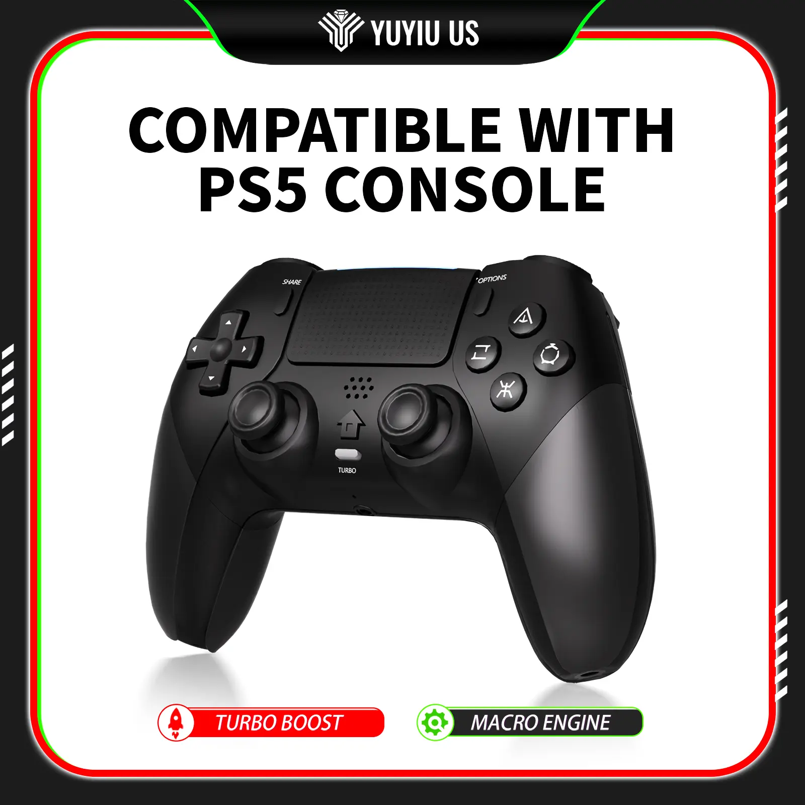 YUYIU Anti-Stick Drift Wireless Gamepad - Gaming Accessories, Game Joystick, Universal Controller for PS5&PC, Bluetooth 5.0, RGB Glow, Turbo, 6-Axis Gyro, Dual Vibration, Macro Back Buttons, Trackpad, 3.5mm Audio Jack, Built-in Microphone