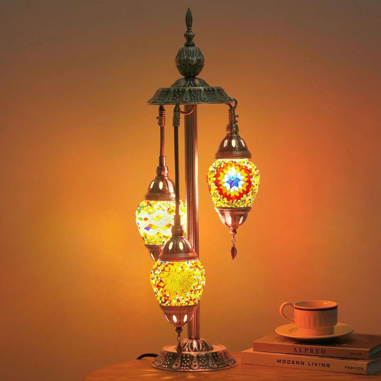 28-in Ethnic Bohemian 3-Ball Turkish Moroccan Table Lamp, Handmade Unique Mosaic Glass with Metal Base, Colorful LED Mood Light with E12 Socket & Simple On/Off Switch, Indoor Decor for Birthdays Living Room Warm Ambience