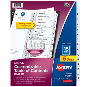 Avery Dividers for 3 Ring Binders, 15 Tabs per Set, Customizable Table of Contents, Classic White Tabs (6 Sets of 11825)