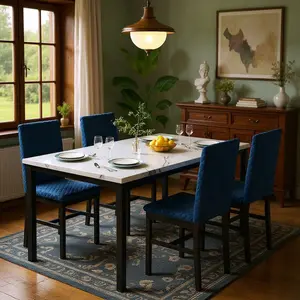 5-Piece Dining Table And Chair Sets, Mid-Century Modern Style Faux Marble Table Top Dining Room Table Set With 4 Diamond Stitching Upholstered Chairs, 4 Person Breakfast Dining Set With Sturdy Metal Frame For Small Spaces