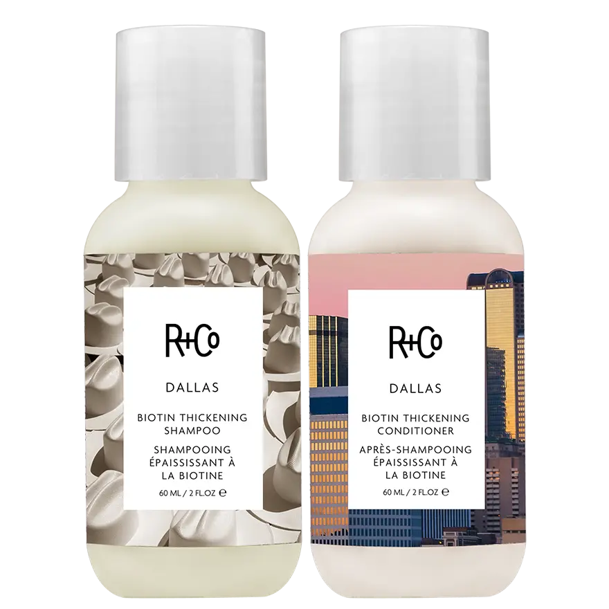 R+Co Dallas Biotin Thickening Shampoo & Conditioner Duo - Travel Size 60ml Each - Nourishing Coconut Extracts for Fine Hair - TSA Approved