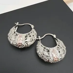 VIRGIN MARY beautiful hoops 2 tones gold-plated basket style silver pink