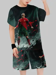 Cristiano Ronaldo 1991 Glory Birth Theme Sportswear Set, Athletic Fashion Activewear, Short Sleeve T-Shirt + Same Pattern Shorts, Casual Fitted Two-Piece