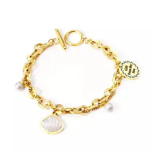 Oceanic Shores Seashell Bracelet with Gold-tone Chain and Decorative Elements