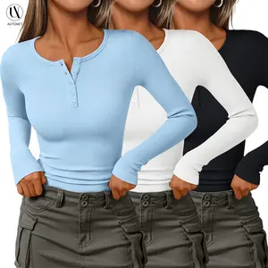 AUTOMET Women's 3-Piece Minimalist Long-Sleeve Round Neck Lady Tops - Plain Button-Front Ribbed Blouses, Stylish Everyday Wear Women's Tops