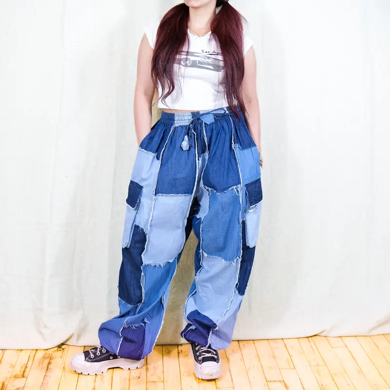 Women's Denim Bottoms - Breathable Soft Patchwork Cotton Casual Pants, Unisex Boho Vintage Fashion Cargo Trousers with Multi Pockets, Loose-Fit Harem Joggers, Drawstring Elastic Fabric