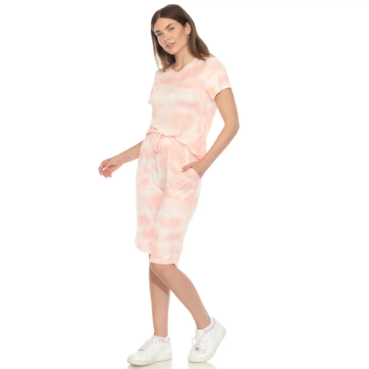 212 MAIN Women's 2-Piece Knit Soft Capri Pajama Set - Breathable Fabric Short-Sleeve Nightwear, Pink Tie-Dye Top, Elastic Adjustable Waist Pants, Pockets Loungewear (3627-05-XL)