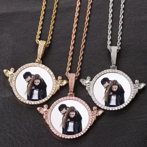 Customize Photo Guardian Angel personalization Iced Out Memory Necklace Hip Hop Custom Photo Locket Picture Pendant with Free Rope Chain