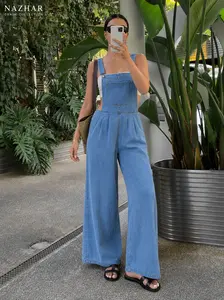 Women’s Lyocell Denim Wide Leg Jumpsuit Adjustable Strap Soft Comfy Loose Fit Overalls