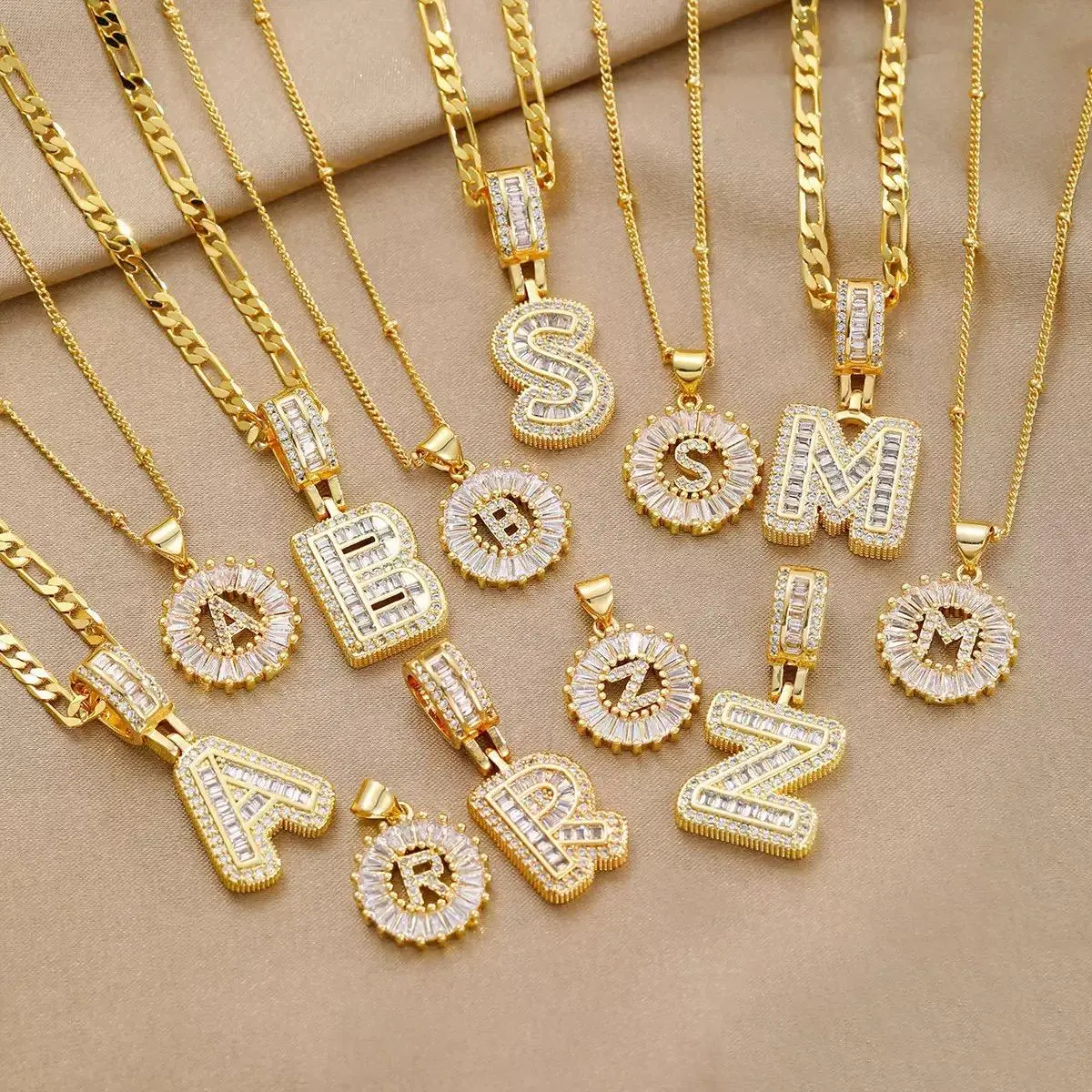 Women's Veylani 2-Pack Initial Letter Pendant Necklaces, 14K Gold-Plated Cubic Zirconia Alphabet Jewelry, Adjustable 17-19in Fashion Costume Accessories