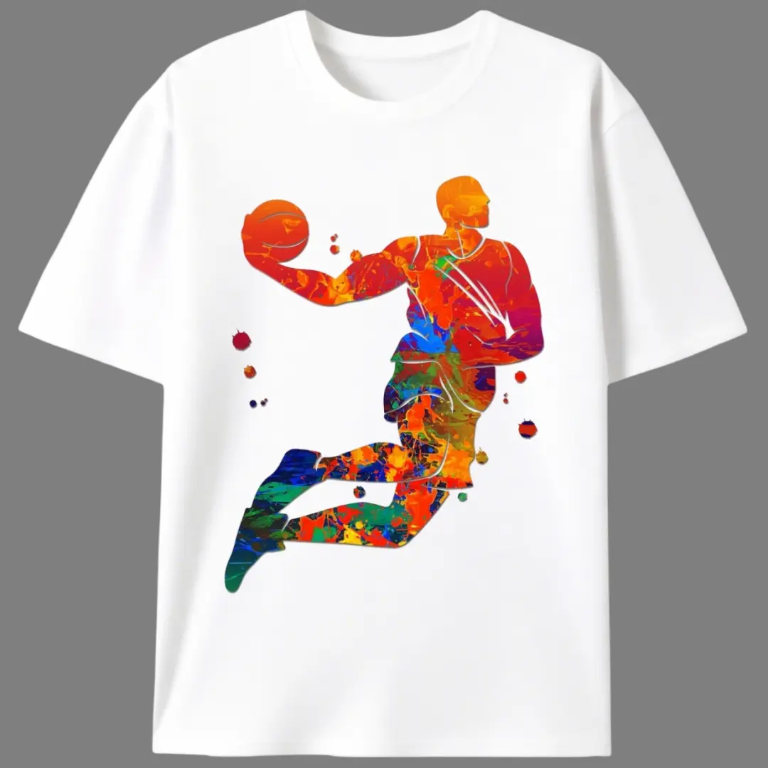 Men's Short-Sleeve Stretch Cotton Knit Round Neck T-Shirt - Rainbow Splatter Basketball Player Print, Minimalist Retro Preppy Streetwear for Hoops Fans, Shortsleeve, Fabric, Tops, Menswear, Tshirt, Casual, Knitting, Loose, Light Stretch, Crew Neck